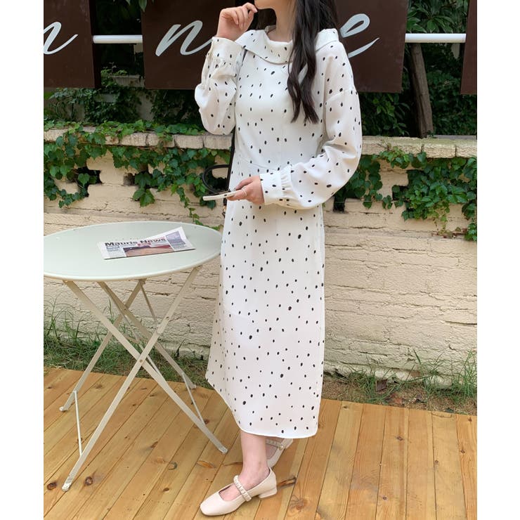 ロングワンピース アシンメトリー オフショルダー 水玉 透け感 無地＆ドット柄デザイン襟ロングワンピース[品番：ABIW0010516