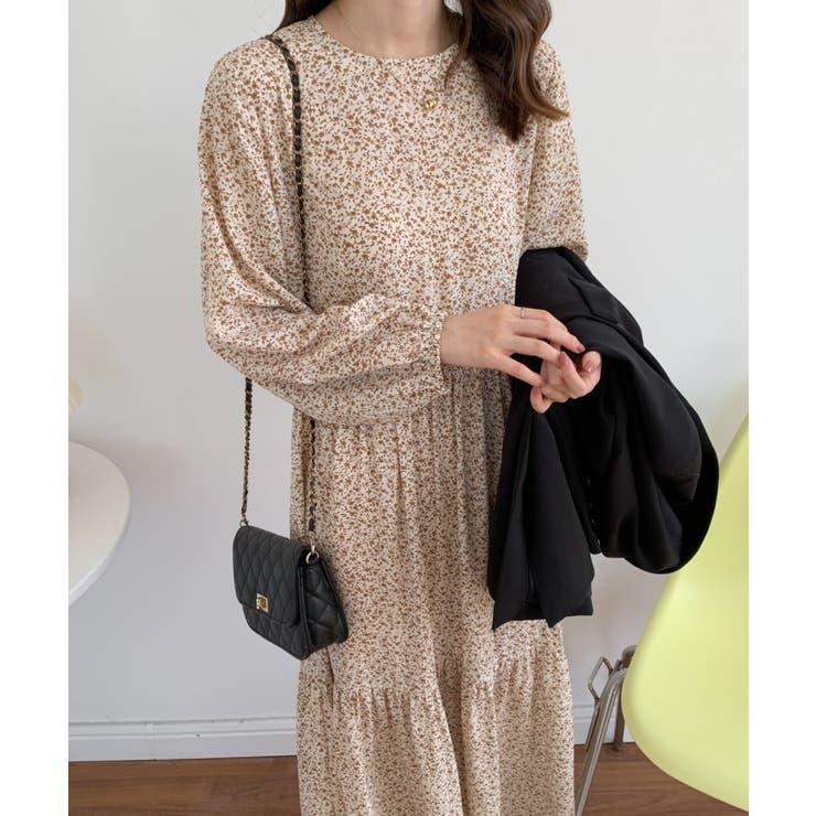 美品☆【ハナエモリ】グリーンベース 花柄 パフスリーブ ロング