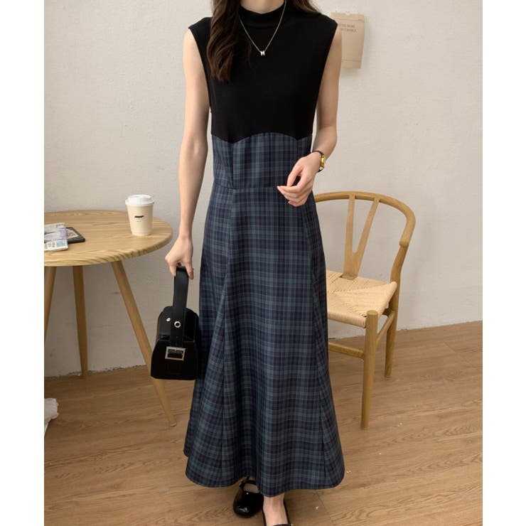 23区 リブニットドッキングワンピース ロング シルク混 グレンチェック36 23区 リブニットドッキングワンピース ロング シルク混 グレン