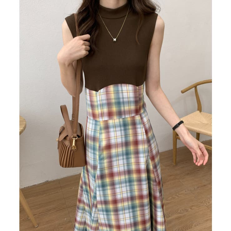 チェック＆リブドッキングノースリーブフレアロングワンピース