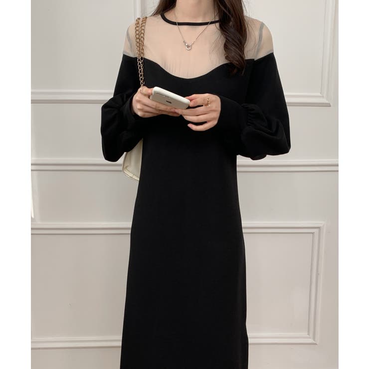 ボリュームスリーブ異素材切り替えロングワンピース[品番：ABIW0010773  