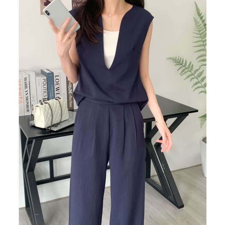 スキッパネックノースリーブブラウス＆ウエストタックセミワイドパンツセットアップ | ABITOKYO  | 詳細画像40 