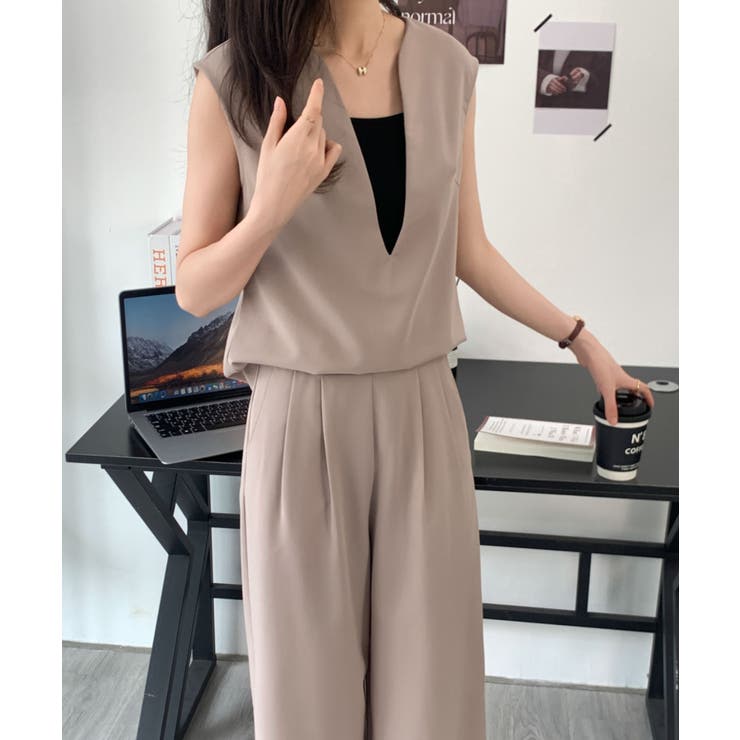 スキッパネックノースリーブブラウス＆ウエストタックセミワイドパンツセットアップ | ABITOKYO  | 詳細画像46 