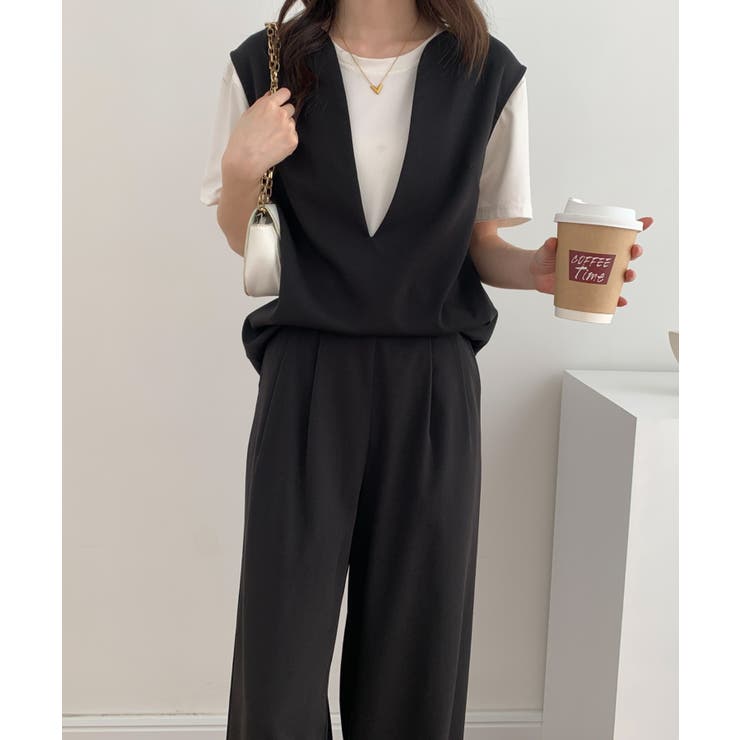 ブラック | スキッパネックノースリーブブラウス＆ウエストタックセミワイドパンツセットアップ | ABITOKYO 