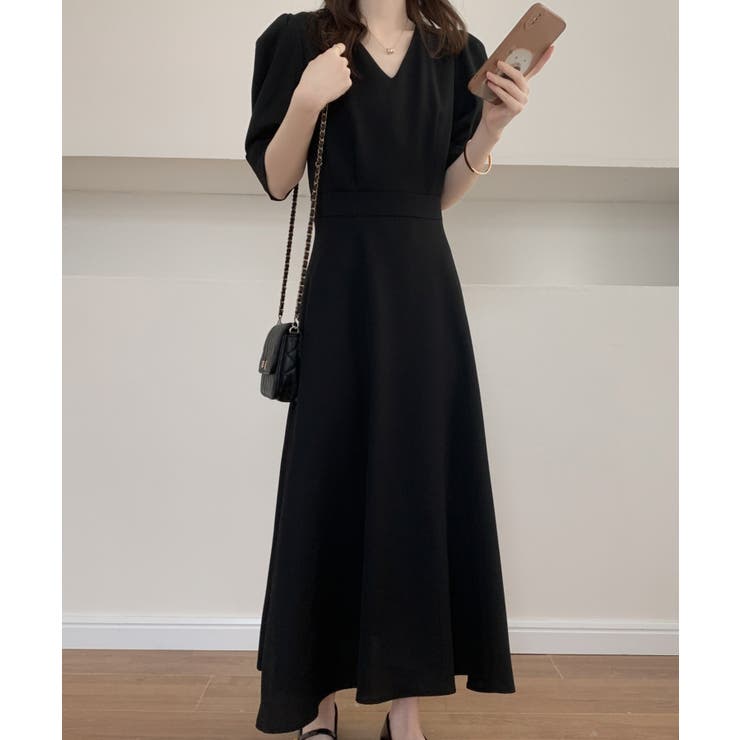 Vネック ワンピース ロング丈 パフスリーブ S-XL 韓国 8-230 ワンピース Vネックパフスリーブロングワンピース : ZOZOTOWN