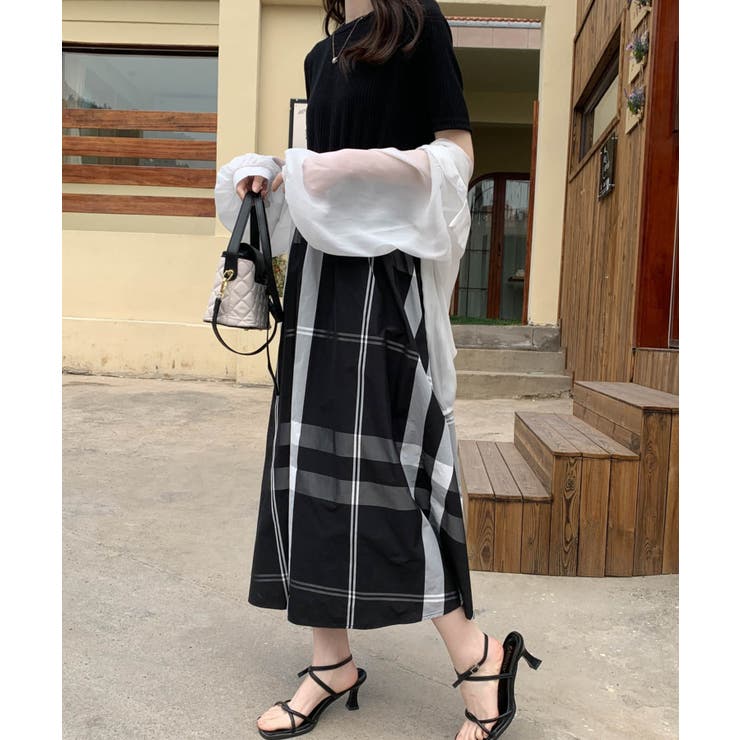 大柄チェック切替ボリュームフレアワンピース[品番:ABIW0010936 大柄チェック切替ボリュームフレアワンピース[品番:ABIW0010936