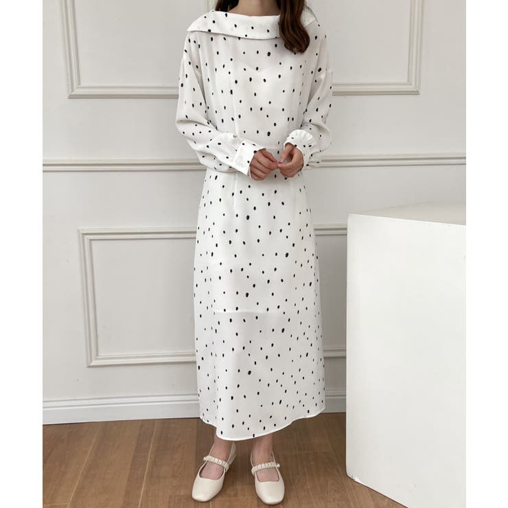 デザイン襟ドット柄ロングワンピース[品番：ABIW0010098]｜ABITOKYO