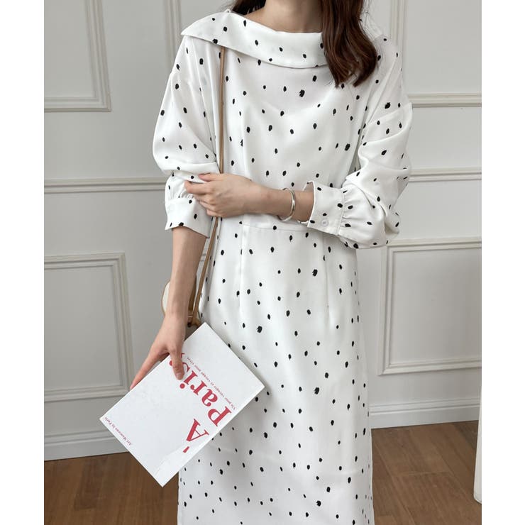 デザイン襟ドット柄ロングワンピース[品番：ABIW0010098]｜ABITOKYO