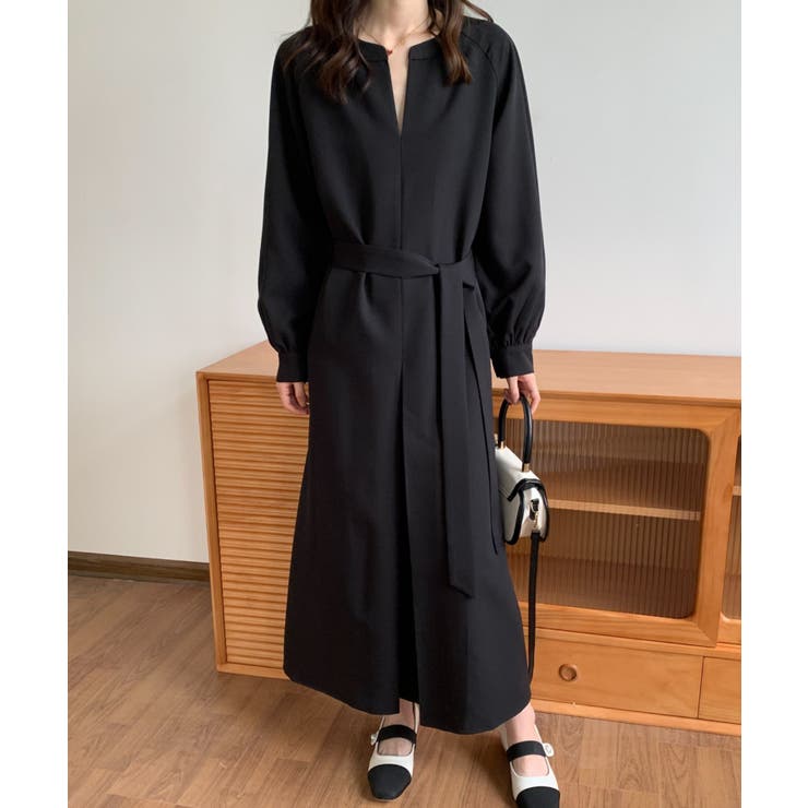 アドーア ジョーゼット タックギャザー キーネックワンピース