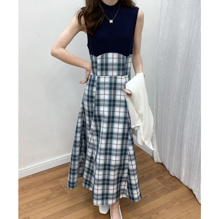 チェック柄切替ノースリーブフレアロングワンピース[品番：ABIW0010104