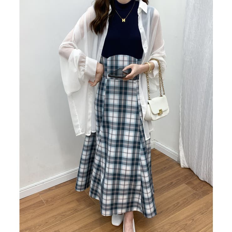 チェック柄切替ノースリーブフレアロングワンピース[品番：ABIW0010104