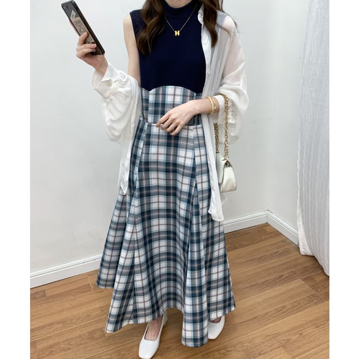 チェック柄切替ノースリーブフレアロングワンピース[品番：ABIW0010104