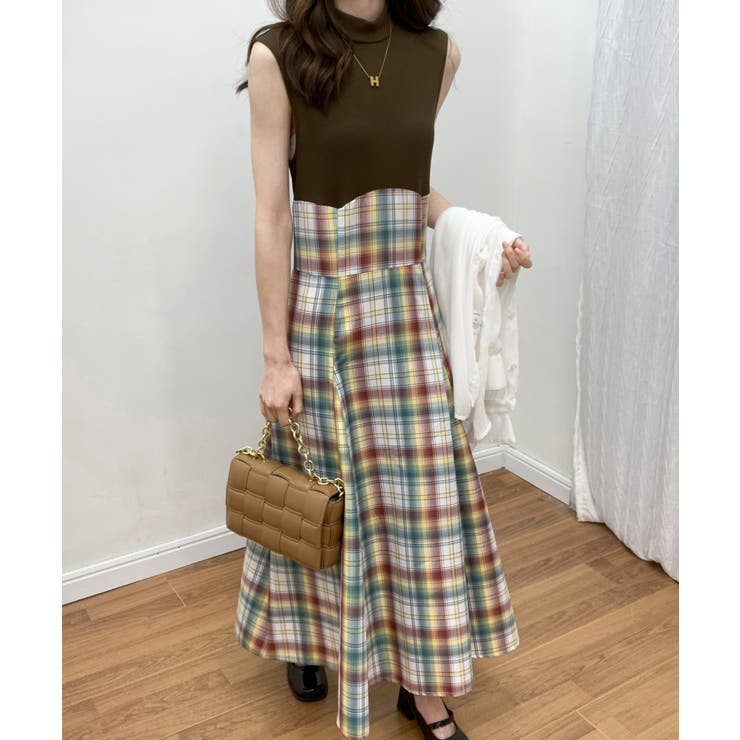 チェック柄切替ノースリーブフレアロングワンピース[品番：ABIW0010104