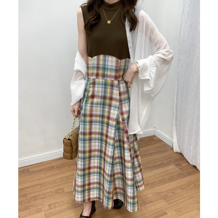 チェック柄切替ノースリーブフレアロングワンピース[品番：ABIW0010104