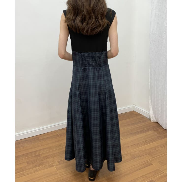チェック柄切替ノースリーブフレアロングワンピース[品番：ABIW0010104