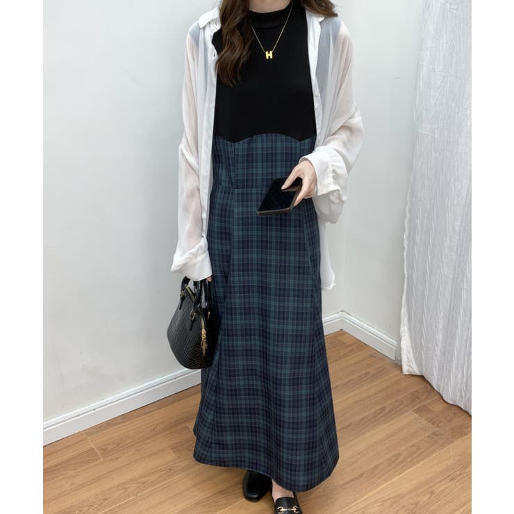 チェック柄切替ノースリーブフレアロングワンピース[品番：ABIW0010104