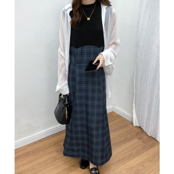 チェック柄切替ノースリーブフレアロングワンピース[品番：ABIW0010104
