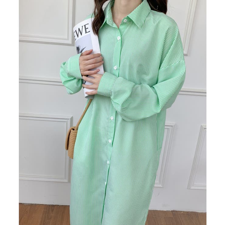ストライプロングシャツワンピース（緑と紫） ストライプシャツワンピース[品番：ABIW0010498]｜ABITOKYO （アビ