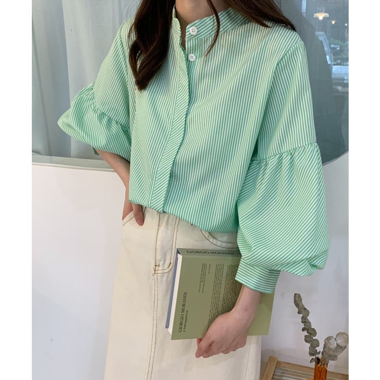 BORDERS ストライプバルーンスリーブTシャツ 36 バルーンスリーブバンドカラーストライプ柄シャツ[品番