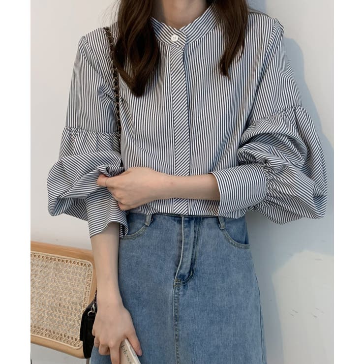 バルーンスリーブバンドカラーストライプ柄シャツ[品番