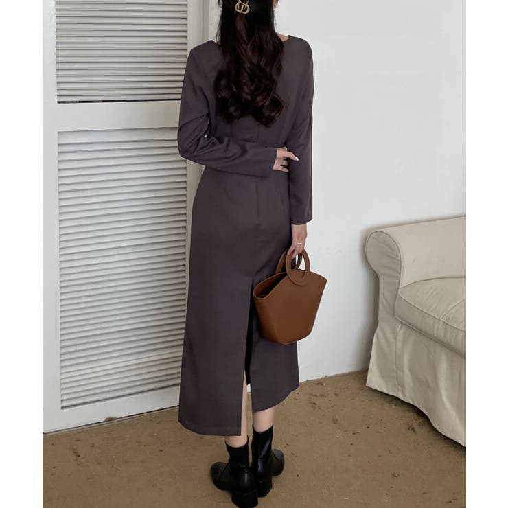 バックスリットスクエアネックロングワンピース[品番