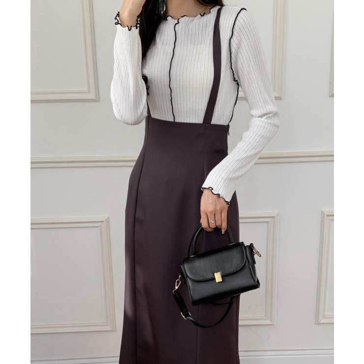 [新品HER.]ドレープタイトスカート(新品未使用タグ付き) □ハイウエストサスペンダー付きフェイクレザータイトスカート/F