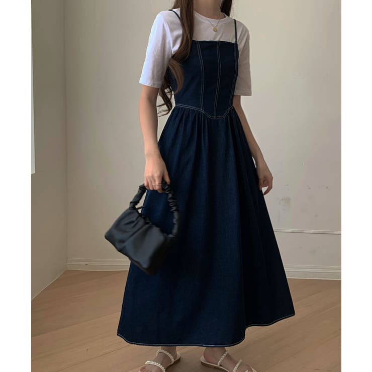miumiu 36 S ビジューリボンデニムワンピース　ネイビー pain】プレゼントリボンビジューデニムワンピ | lilLilly