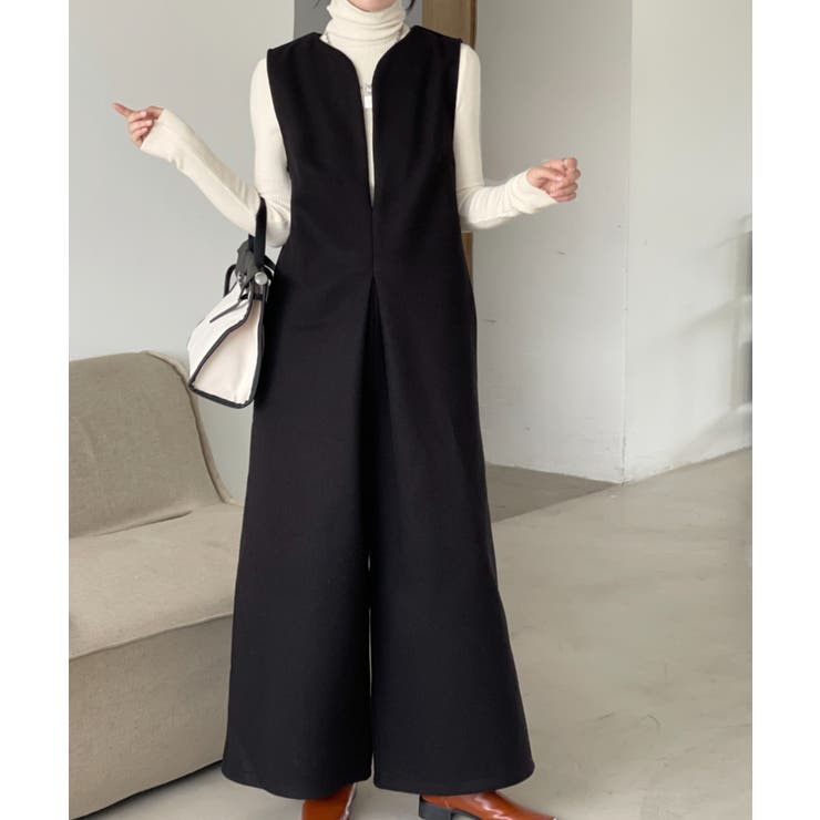ウールライク キーネックワイドサロペットパンツ オールインワン[品番