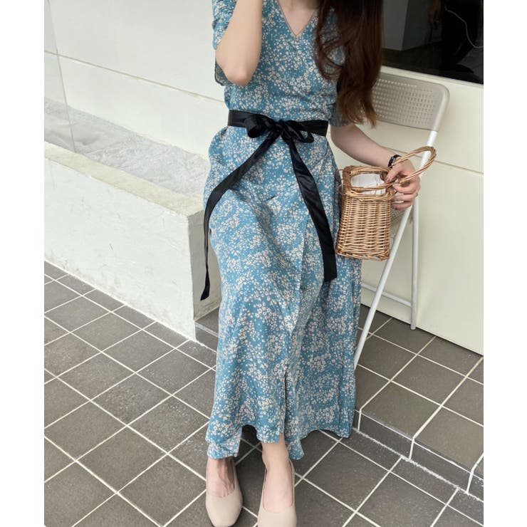 ウエストベルト 花柄 カシュクールサマーワンピース[品番：ABIW0000331