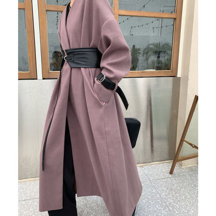 合皮ベルト付きノーカラーロングコート[品番：ABIW0000580