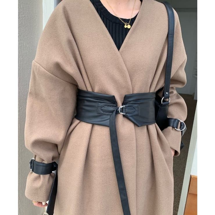 合皮ベルト付きノーカラーロングコート[品番：ABIW0000580