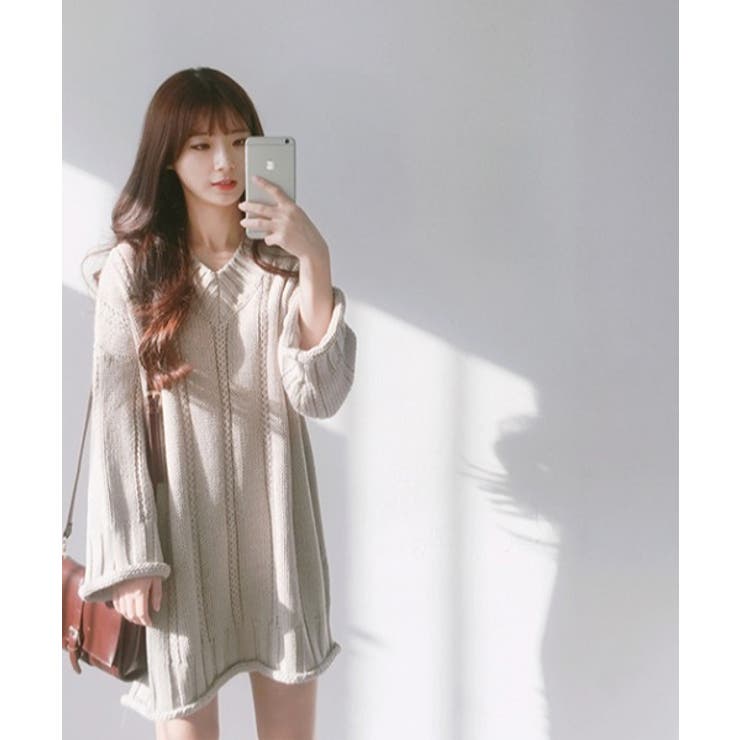 Vネックワイドリブニット チュニックワンピース[品番：ABIW0000520  