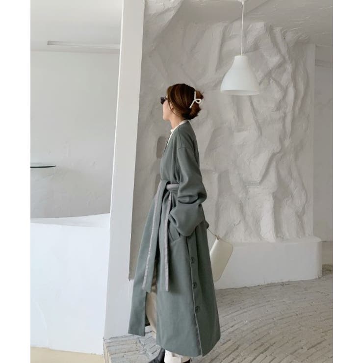 サイドスリットボタン ロングノーカラーコート[品番
