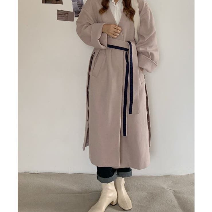 サイドスリットボタン ロングノーカラーコート[品番