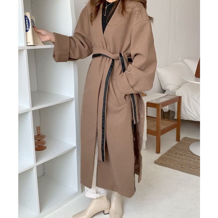 サイドスリットボタン ロングノーカラーコート[品番