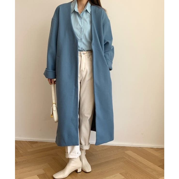 サイドスリットボタン ロングノーカラーコート[品番