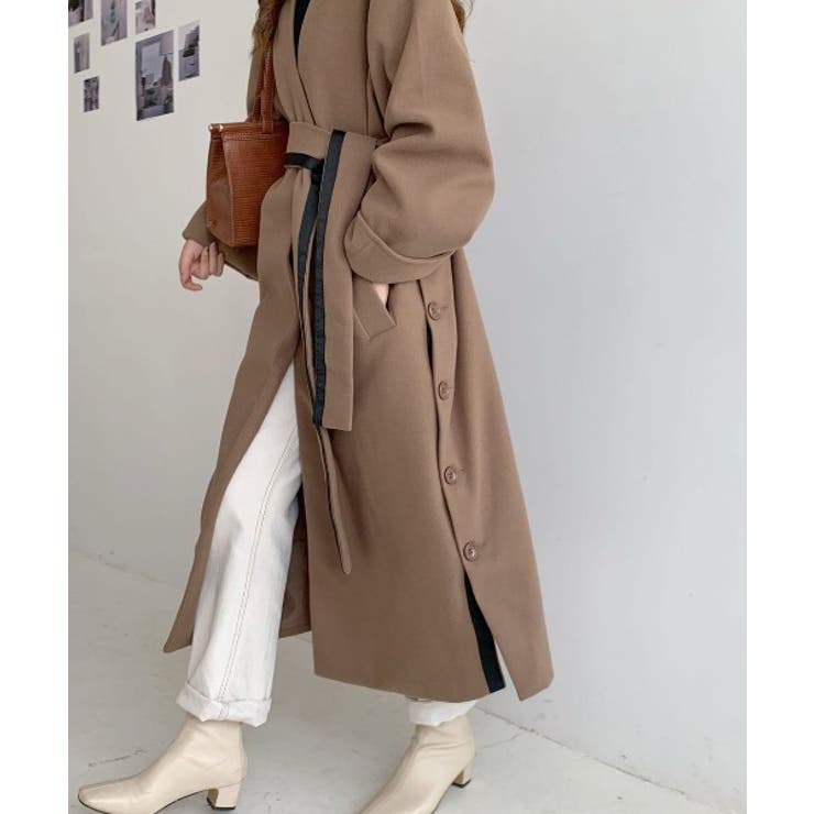 サイドスリットボタン ロングノーカラーコート[品番