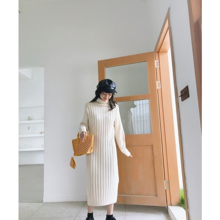 タートルネック リブニットスリットロングワンピース[品番