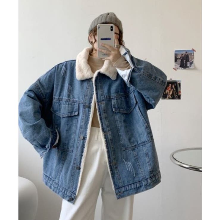 廃盤☆  ボア　デニム　ジャケット 背面ビッグロゴ　青 e9654395a6546aeb53e360ba109b7e