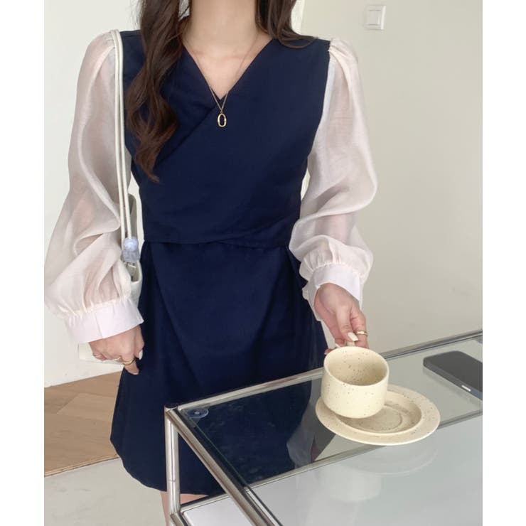 ネイビー | ボリュームシフォン袖ドッキングチュニックワンピース | ABITOKYO 