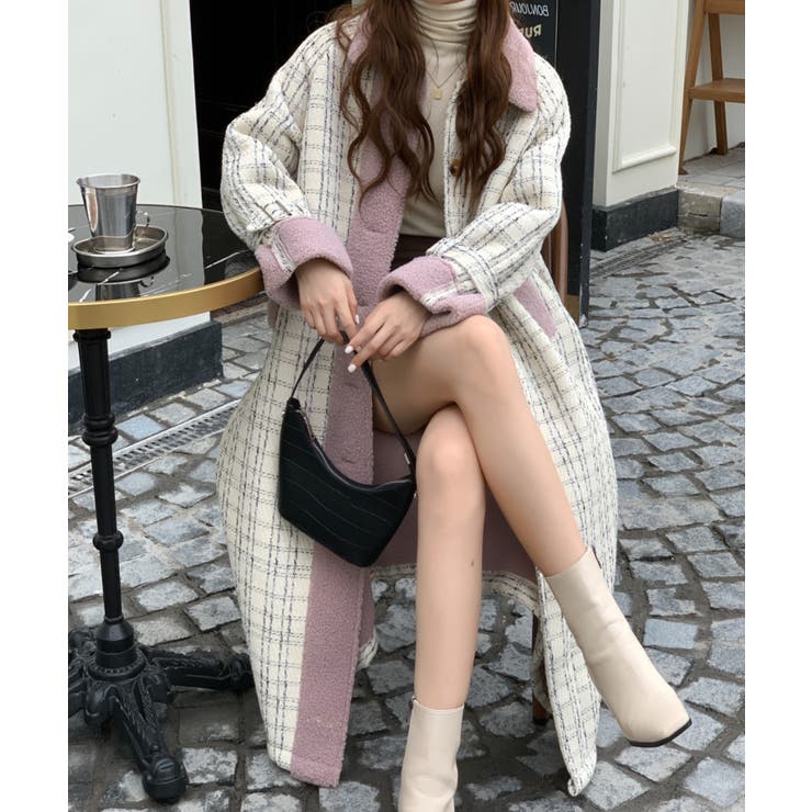 ボアドッキングチェック柄ロングコート[品番：ABIW0009152]｜Diosfront