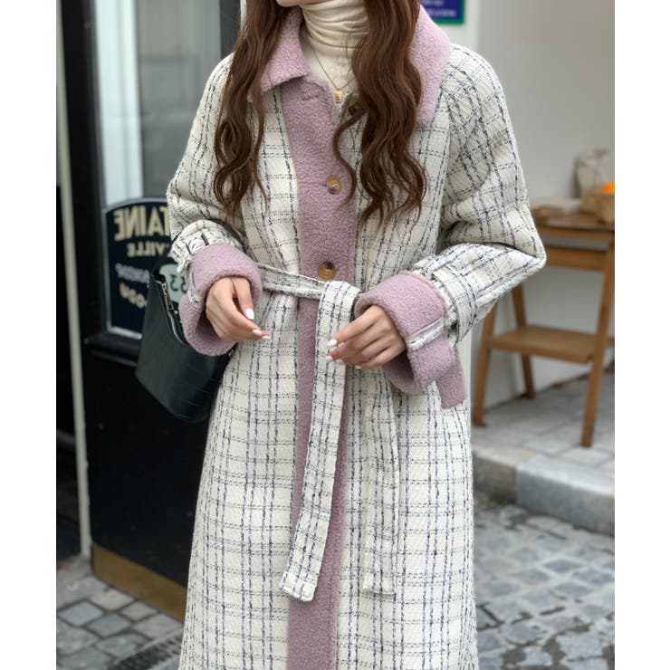 ボアドッキングチェック柄ロングコート[品番：ABIW0009152]｜Diosfront