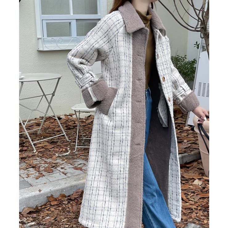 ボアドッキングチェック柄ロングコート[品番：ABIW0009152]｜Diosfront