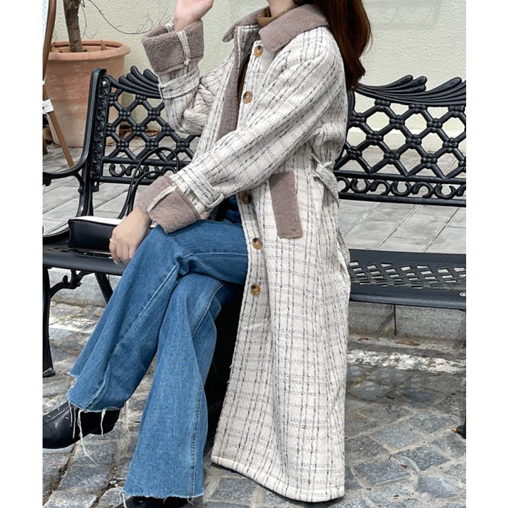 ボアドッキングチェック柄ロングコート[品番：ABIW0009152]｜Diosfront