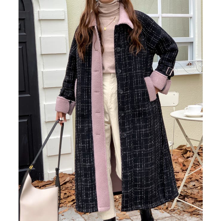 ボアドッキングチェック柄ロングコート[品番：ABIW0009152]｜Diosfront