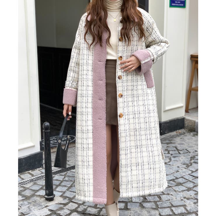 ボアドッキングチェック柄ロングコート[品番：ABIW0009152]｜Diosfront