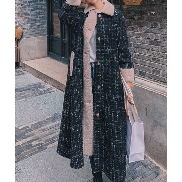 ボアドッキングチェック柄ロングコート[品番：ABIW0009152]｜Diosfront