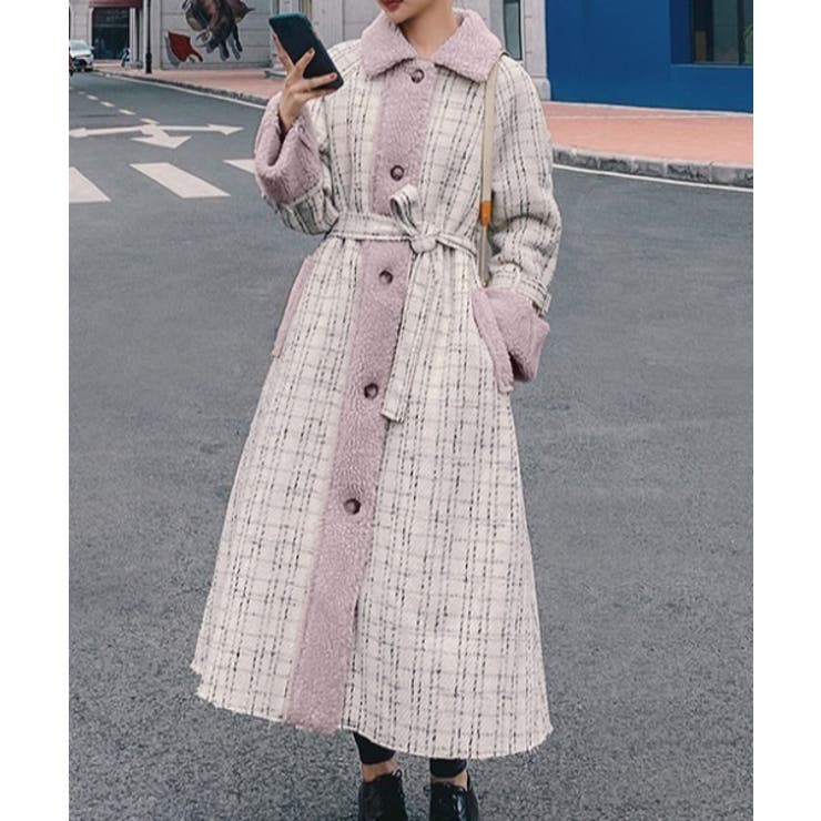 チェック柄ロングコート ウエストベルト付き 衿切替えチェックロングコート[品番：SHNW0008343]｜LADY LIKE