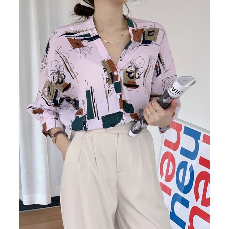 Vネック 線画花柄デザインルーズシャツ[品番：ABIW0000916]｜Diosfront