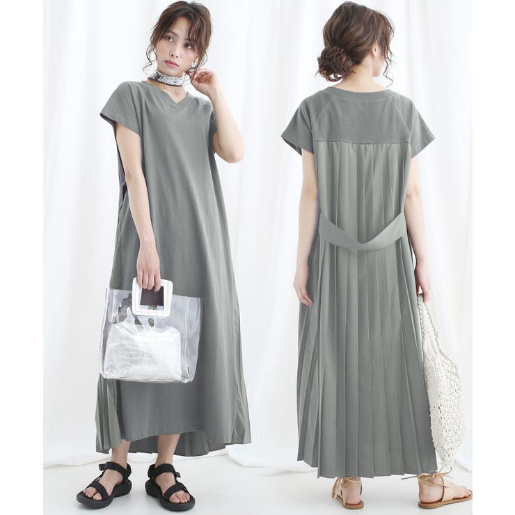 バックプリーツ マキシワンピース_ボートネックとVネック2TYPE[品番